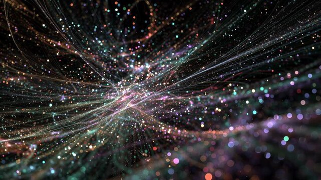 無数の発光する粒子と垂直な線が波状に広がる抽象的なデジタルグラフィック

