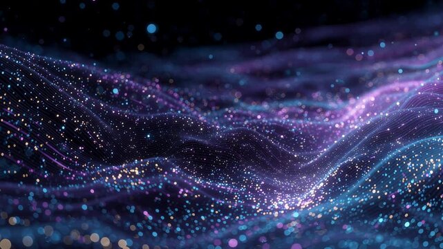 無数の発光する粒子と垂直な線が波状に広がる抽象的なデジタルグラフィック

