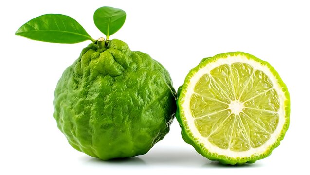 Whole kaffir lime with leaves and a halved slice on a light blue background with sour orange
