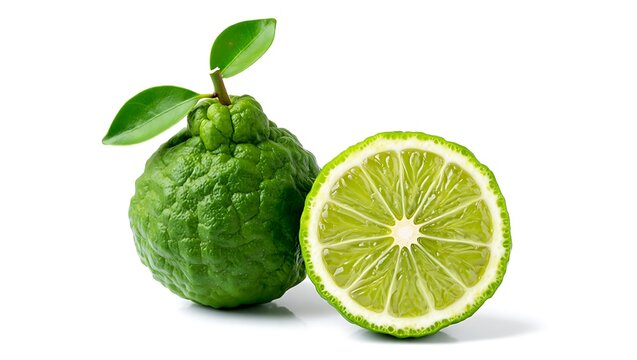 Pair of kaffir limes, one whole with leaves and one half-cut, kaffir lime