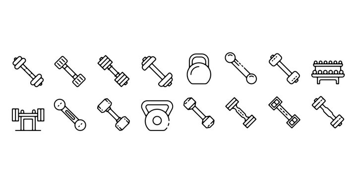 Dumbbell icon set. Set of outlined dumbbell vector icons containing barbells, weights and squat rack isolated on transparent background.
