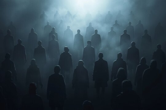 A crowd of shadowy figures emerges through mist toward a distant light.