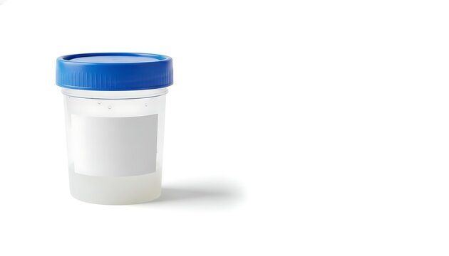 Medical specimen container with sperm sample on white background