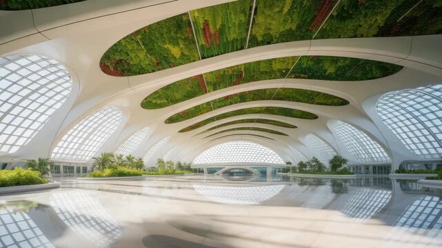 A futuristic and spacious modern architectural interior features elegant curved white structures, large skylights, and lush green plants integrated into the design, creating a harmonious blend