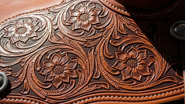 Close up of ornate brown leather tooled saddle
