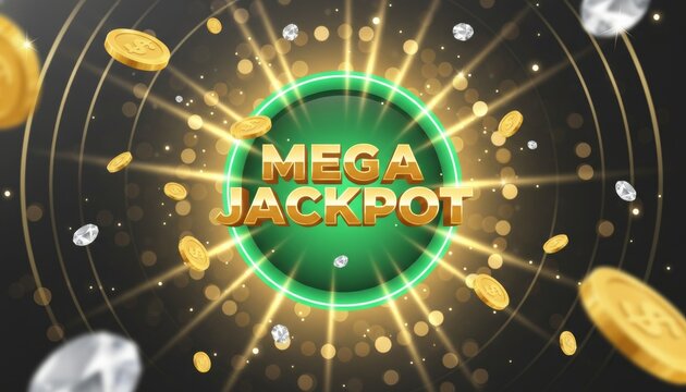 Mega jackpot banner with golden coins and diamonds