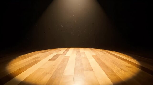 A solitary stage spotlight casts a warm circular glow on a dark empty theater floor