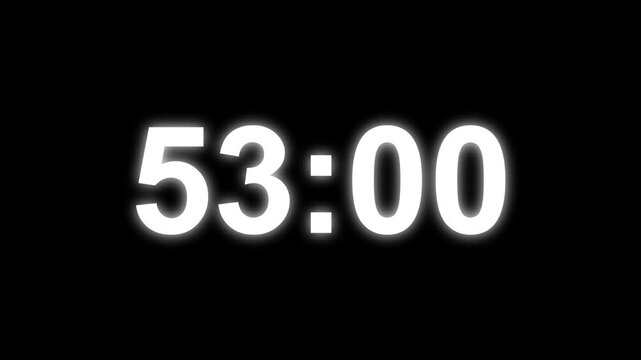 58 minutes digital countdown animation displays a timer counting down minutes and seconds. Perfect for presentation pauses. HUD user interface with technology stopwatch digital countdown.