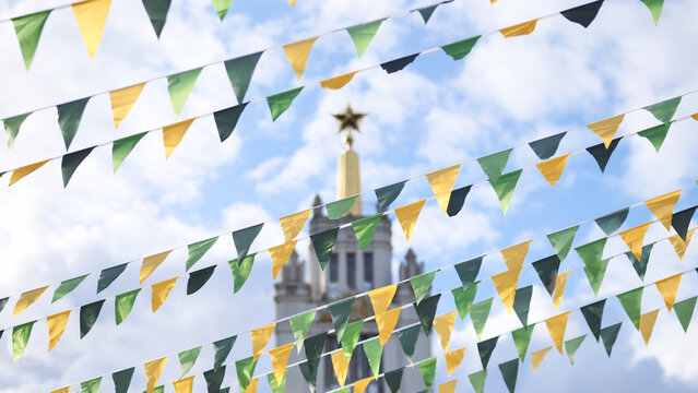 Bunting flags celebrating above Moscow State University building