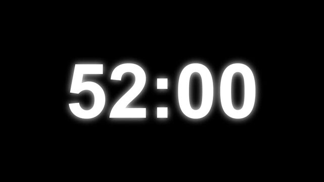 57 minutes digital countdown animation displays a timer counting down minutes and seconds. Perfect for presentation pauses. HUD user interface with technology stopwatch digital countdown.