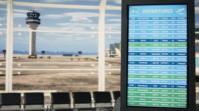 Empty airport departure lounge with digital screen displaying flight information, boarding times and gate numbers. Rows of seats with no people create quiet travel scene in modern waiting area.