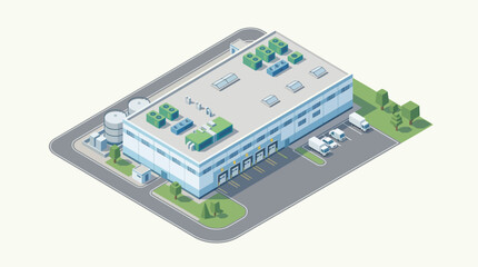 Obraz premium Isometric illustration of a modern industrial warehouse. Large factory building with trucks, symbolizing global logistics, efficient supply chain, and manufacturing operations. Distribution center