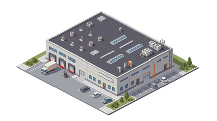 Obraz premium Isometric modern industrial building illustration of a warehouse, loading docks, a delivery truck, and cars, symbolizing business logistics and distribution