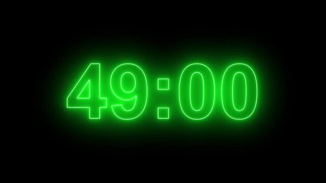 54 minutes digital countdown animation displays a timer counting down minutes and seconds. Perfect for presentation pauses. HUD user interface with technology stopwatch digital countdown.