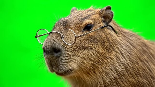 Close-up of a Capybara wearing round glasses on a green background.