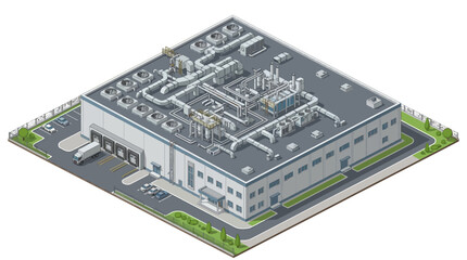 Obraz premium Isometric Industrial Building Vector Illustration Depicting a Modern Factory, Warehouse, or Production Facility with Comprehensive Ventilation and Loading Bays