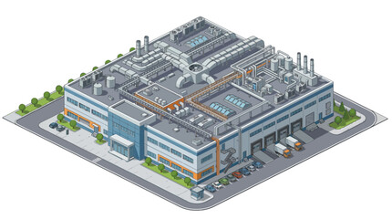 Obraz premium Industrial factory building in isometric view, modern manufacturing plant with loading docks and office spaces