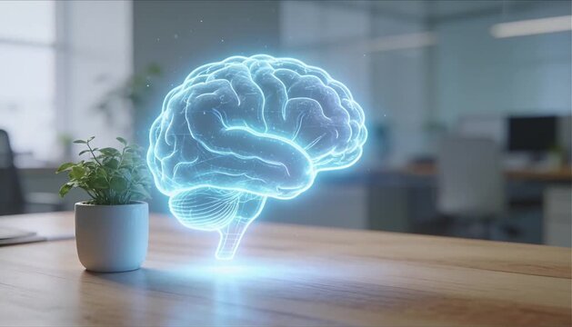 minimalist wooden office desk with glowing translucent 3d holographic brain icon pulsing