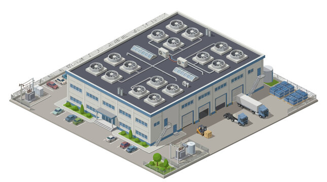 Isometric illustration of a modern industrial facility with rooftop cooling systems and logistics, representing a high-tech data center or factory campus