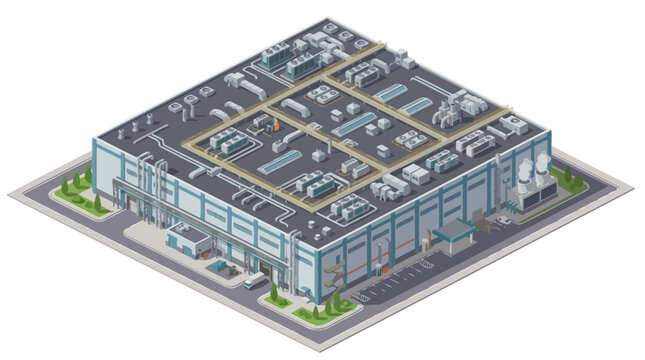 Isometric illustration of a modern industrial building, suitable for manufacturing, data centers, or logistics, with detailed rooftop systems and contemporary design
