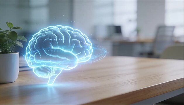 minimalist wooden office desk with glowing translucent 3d holographic brain icon pulsing