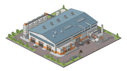 Obraz premium Isometric illustration of a large industrial warehouse complex with silos and trucks