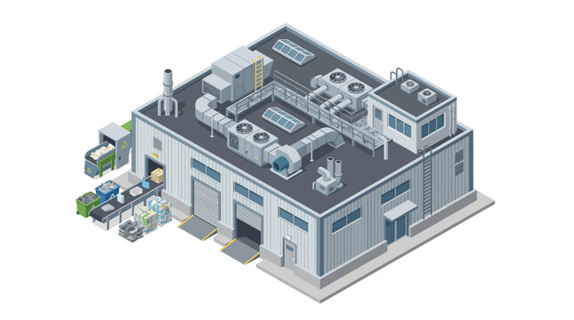Isometric view of a modern industrial factory building with loading dock and conveyor belt, reflecting a functional and efficient operational environment
