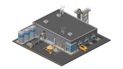 Obraz premium Isometric illustration of a modern industrial facility with loading docks, silos, and heavy machinery, depicting a streamlined production and logistics operation