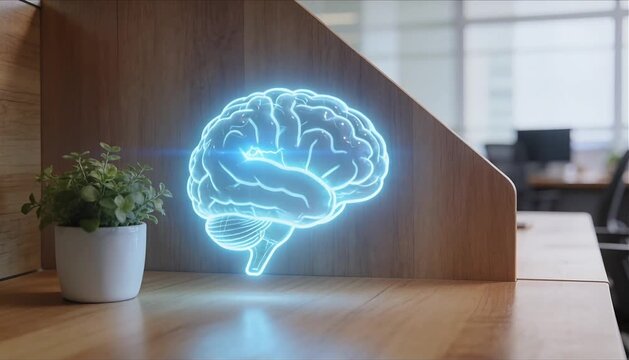 minimalist wooden office desk with glowing translucent 3d holographic brain icon pulsing