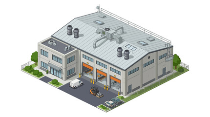 Fototapeta premium Isometric perspective of a modern industrial warehouse building with loading docks and a van for logistics and distribution operations