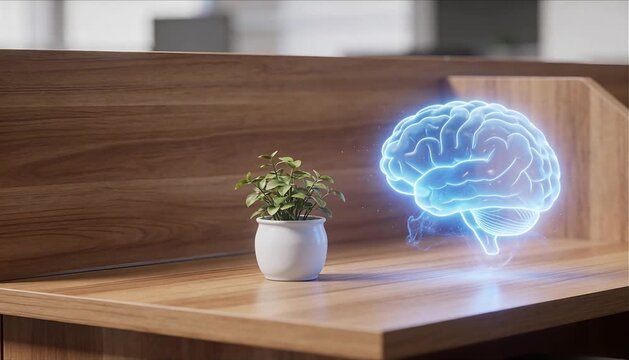 minimalist wooden office desk with glowing translucent 3d holographic brain icon pulsing