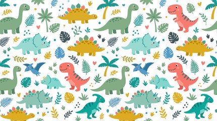Fototapeta premium Colorful dinosaur pattern illustration featuring playful prehistoric creatures in a tropical jungle scene.