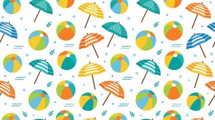 Seamless travel pattern with colorful umbrellas, beach balls, and globe motifs on bright design. © Kyle