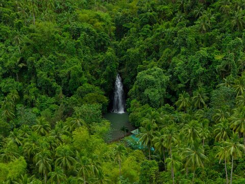 Aerial view of Taktak Falls in Santa Monica, Siargao. The island's unique waterfall cascading into a natural pool within a lush tropical rainforest, Philippines.