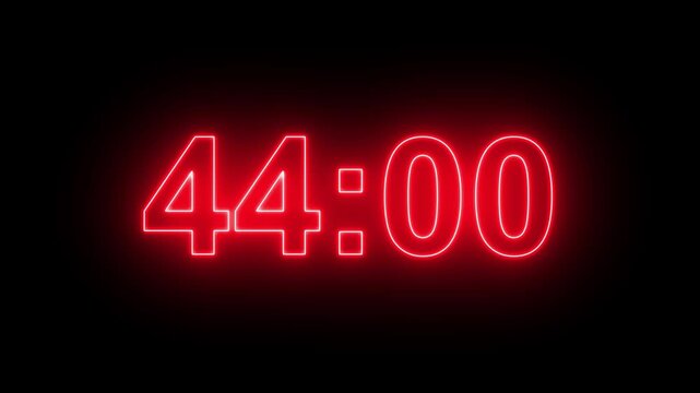 49 minutes digital countdown animation displays a timer counting down minutes and seconds. Perfect for presentation pauses. HUD user interface with technology stopwatch digital countdown.