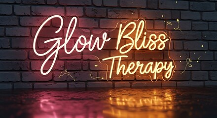 Fototapeta premium Glow Bliss Therapy neon sign glowing on dark brick wall