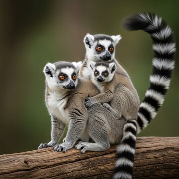 Ring-tailed lemur family portrait on a branch in Madagascar.