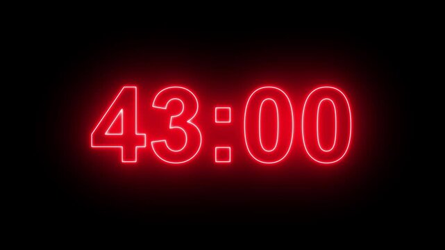 48 minutes digital countdown animation displays a timer counting down minutes and seconds. Perfect for presentation pauses. HUD user interface with technology stopwatch digital countdown.
