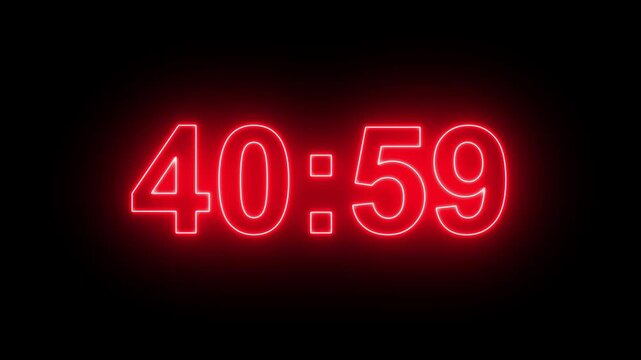 46 minutes digital countdown animation displays a timer counting down minutes and seconds. Perfect for presentation pauses. HUD user interface with technology stopwatch digital countdown.