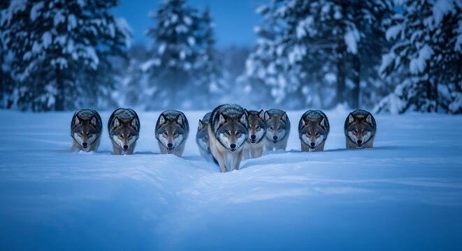 A pack of wolves walking through deep snow in a serene winter landscape