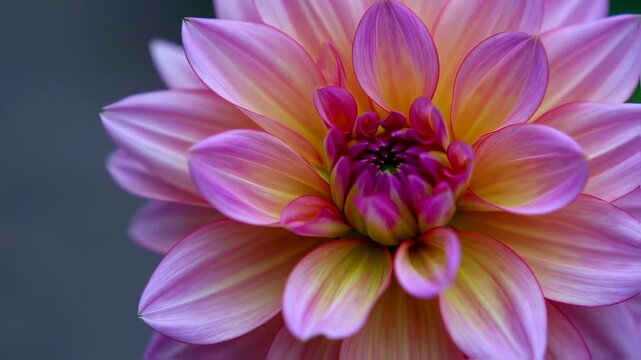 Close-up of a vibrant pink and yellow dahlia flower