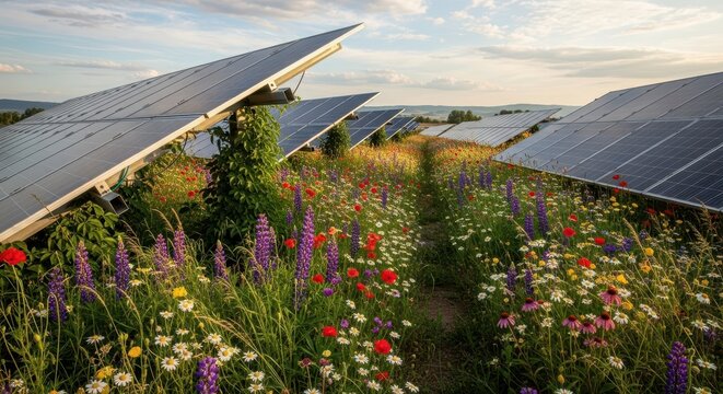 Rows of photovoltaic panels are installed above a vibrant meadow blooming with diverse wildflowers under a soft sky.