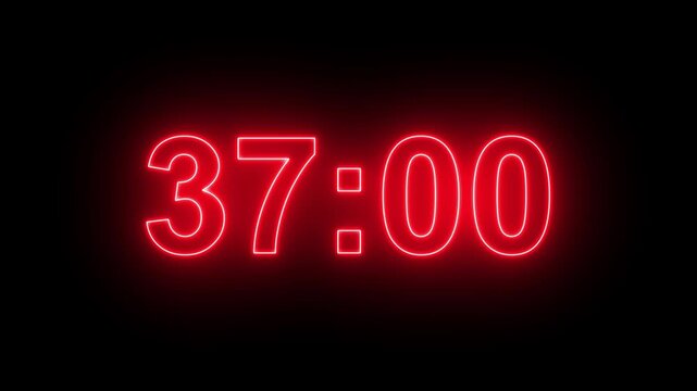 42 minutes digital countdown animation displays a timer counting down minutes and seconds. Perfect for presentation pauses. HUD user interface with technology stopwatch digital countdown.