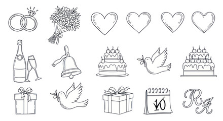 Fototapeta premium Wedding Icons Set: Rings, Bouquet, Hearts, Doves, Cakes, Gifts, Bell, Calendar, Champagne
