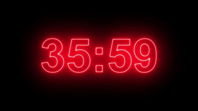 41 minutes digital countdown animation displays a timer counting down minutes and seconds. Perfect for presentation pauses. HUD user interface with technology stopwatch digital countdown.