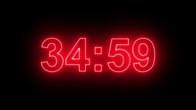 39 minutes digital countdown animation displays a timer counting down minutes and seconds. Perfect for presentation pauses. HUD user interface with technology stopwatch digital countdown.