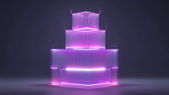 Neon glowing purple blue futuristic abstract cube stack geometric technology background with bright light and energy digital art cyberpunk design blue highlight modern background vibrant energy