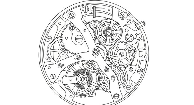 Intricate mechanical watch movement with gears and clockwork mechanism, detailed precision engineering line art illustration.
