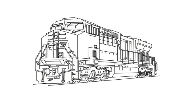 Detailed line art illustration of a modern diesel locomotive train engine, powerful freight transport, railway tracks, black and white drawing