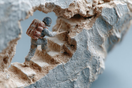Miniature climber scaling rocky steps, challenge and perseverance concept, macro photography